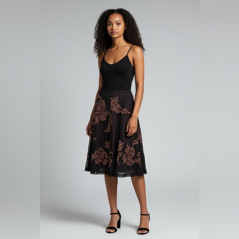 French Connection Black Skirt with Pink Floral Embroidery